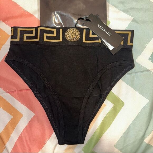 NWT XS Versace Black Greca High-Rise Briefs Panties Cotton - Size: 1 (X-Small) - Picture 7 of 13